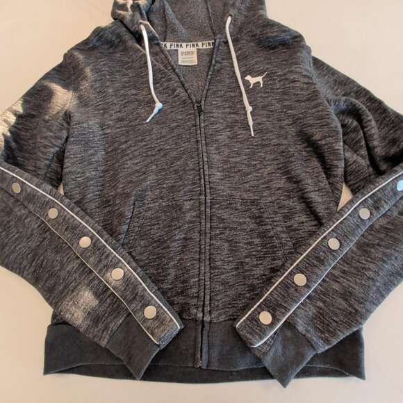 Victoriaβs Secret PINK Sz XS Snap Button Sleeve Full Zip Hoodie Gray Sweater Top - Picture 6 of 11